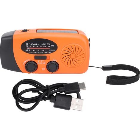 Solar-powered emergency hand-crank weather radio, LED light, SOS alarm, portable AM/FM/WB Orange power bank (1/5)