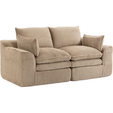 Canapé 2 places en velours côtelé kaki avec coussins et poches latérales, mousse 3 couches et ressorts pour confort durable (1/5)