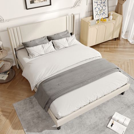 Letto 140x200 con sommier, letto matrimoniale imbottito in lino con rete a doghe, struttura del letto robusta legno e metallo, 15 cm di spazio di stoccaggio, stile moderno beige