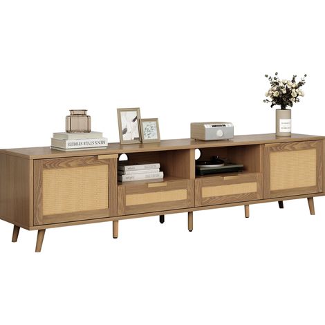 Meuble TV 200x37x49 cm, Design Rotin Plastique, Pieds Bois Massif, Panneau TV en Rotin (1/5)