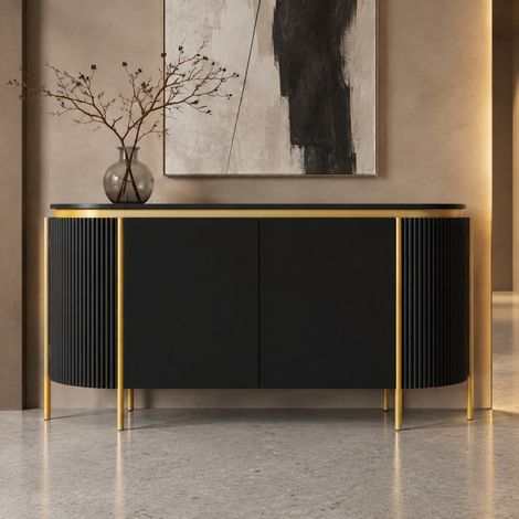 Credenza contenitore 140x38x80 cm in MDF nero, 4 ante, passacavi - CHICFURN (1/5)