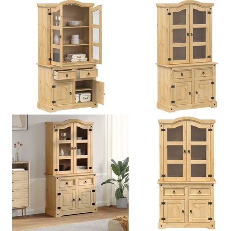 Vitrine en verre Corona 100x48,5x179 cm bois massif de pin - Buffet Rustique - Meuble De Rangement - Vitrine En Bois - Étagère Ouverte - Décoration Intérieure - Home & Living