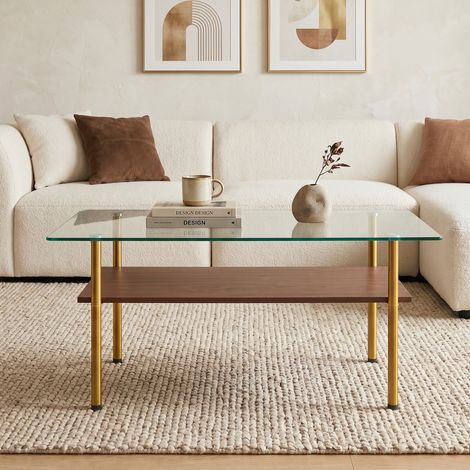 Mesa de Centro Rectangular con Tablero de Cristal y Estante de MDF, Patas de Metal Dorado, para Salón, Marrón y Dorado (1/5)