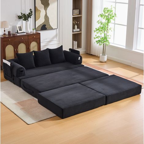 Sofa mit Hocker, modular, Cord, schwarz, 200 x 190 x 67 cm, mit 3 Kissen HAVRYA (1/5)