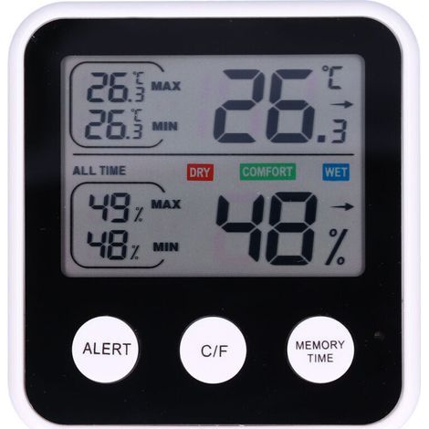 LCD Thermometer-Hygrometer - JINFGERNE - Indoor Monitoring with Foldable Stand, Clear Display and Audible Alarms for Temperature and Humidity (1/5)