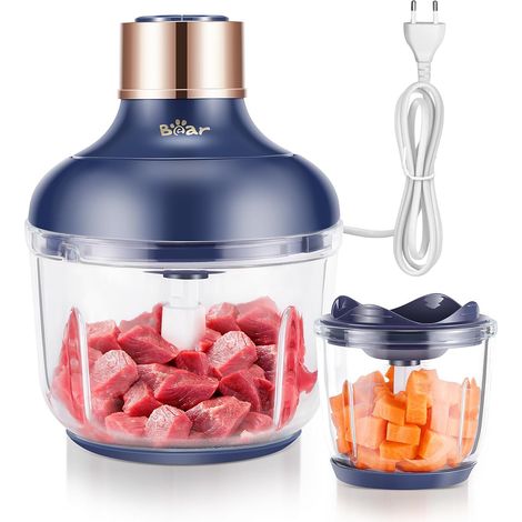 0.6L + 2L Electric Chopper Bowl Preparation Multifunctional Chopper, 2 Speed, 4 Stainless Steel Blades, with Glass Container, Non-Slip Base, for Meat, Vegetables, Fruits, Dried Fruits (1/5)