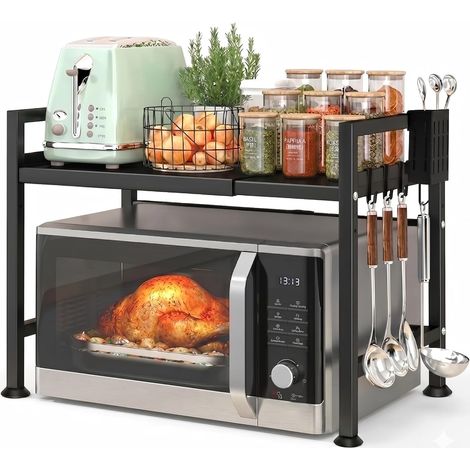 Etagere Cuisine Extensible, Etagere Micro Onde avec 6 Crochets Support Micro Onde en Acier au Carbone, Etagere Micro Ondes Cuisine Rangement Noir (1/5)