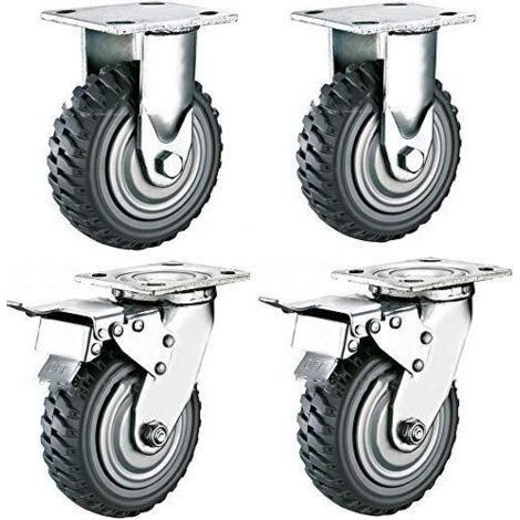 Lot de 4 roulettes pivotantes pour charges lourdes150 mmAvec frein rotatif à 360 °En caoutchouc pleinPneumatiquesCharge 900 kg(2 roulettes fixes + 2 roulettes de freinage) (1/5)