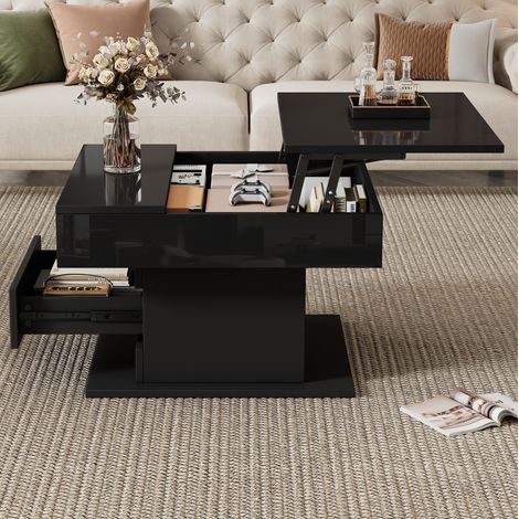 Table basse 70x70x45 cm noire, plateau relevable rotatif 360°, 1 tiroir, rangement, MEUBLIV (1/5)