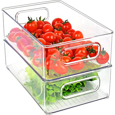 Lot de 2 organiseurs de réfrigérateur transparents empilables avec poignée, lot de rangement pour cuisine, armoires de cuisine, armoires sans BPA, taille moyenne (1/5)