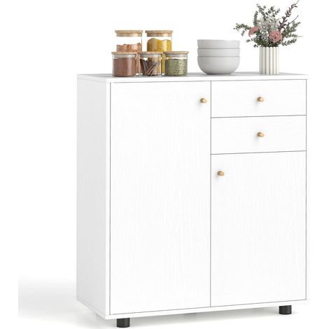 Costway – Buffet cuisine blanc 74x35x85,5 cm – 2 placards, 2 tiroirs, 3 étagères réglables – Construction en bois aggloméré – Portes avec charnières à fermeture douce (1/5)