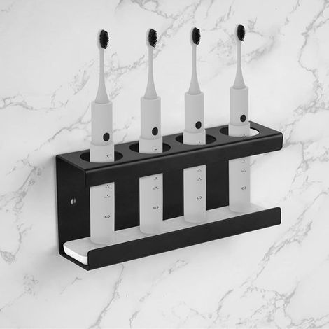 Porte-brosses à dents mural électrique à 4 emplacements - Boîte de rangement pour brosses à dents - Pour salle de bain et coiffeuse - Noir - 20 x 5 x 8,5 cm (1/5)