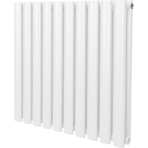 Radiatore a colonna ovale 600 mm x 600 mm Designer Doppio pannello Termosifone Bianco Acciaio Orizzontale Inclusi Spazzola per la pulizia Kit di fissaggio e staffe (1/5)