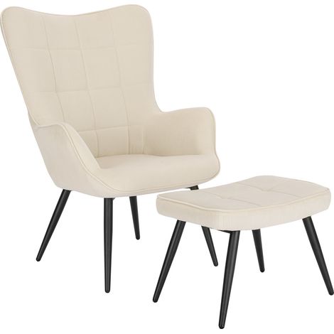 WOLTU Sillón de Relax con Reposapiés Silla de Escritorio con Escabel Sillón con Reposabrazos y Respaldo Alto de 59cm Pana Patas Blanco Crema (1/5)