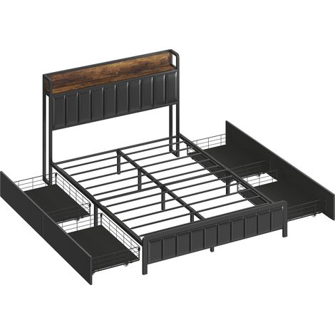 Cadre lit métal 140x190 cm avec sommier à lattes, rembourré, 4 tiroirs, étagère, noir