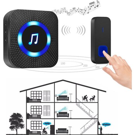 Sonnette sans fil, sonnette électronique étanche IP55 (portée 300 m), kit de sonnette étanche avec 1 récepteur à brancher, 55 mélodies, flash LED - Noir-AquaForge (1/4)