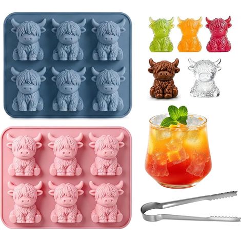 Lot de 2 bacs à glaçons en silicone + pince – Moules à glace en forme de bœuf écossais – Bac à glaçons 3D pour whisky, limo – Passe au lave-vaisselle (rose et bleu) (1/5)