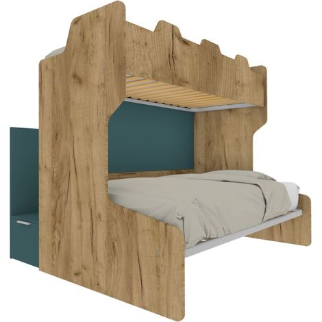 Letto a castello salvaspazio con scala contenitore - 1 Piazza e mezza + singolo - Quercia e verde petrolio (1/5)