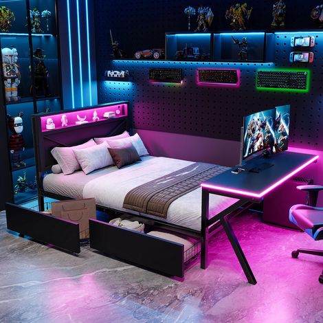 Lit plateforme gaming en métal 140 x 200 cm avec tête de lit LED, bureau LED et deux tiroirs, noir, tissu polyester résistant