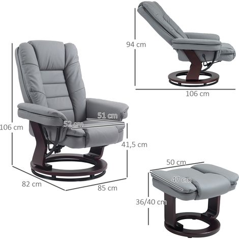 Fauteuil relax pivotant 360° avec repose-pieds, inclinable pour TV, chaise lounge en similicuir gris, charge max 130 kg, idéal salon (1/5)