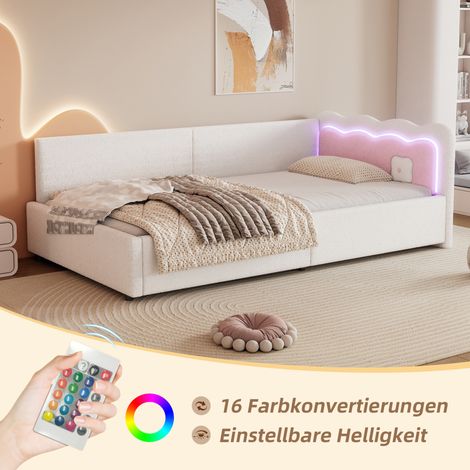 Tagesbett 90/200 cm weiß aus Vliesimitat und MDF mit LED-Beleuchtung (1/5)