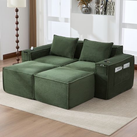 Divano modulare 2 posti in velluto a coste verde con 2 pouf, portabicchieri e tasche laterali 188x162x75 cm (1/5)