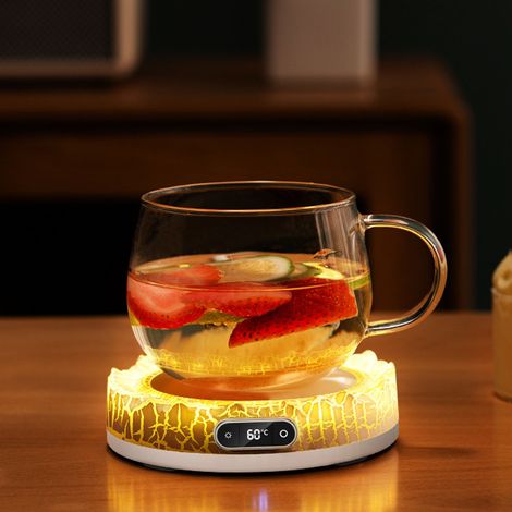 Calientatazas eléctrico con luz de colores en forma de volcán, 4 ajustes de temperatura, temporizador de 8 horas para leche y bebidas, con enchufe europeo. (1/5)