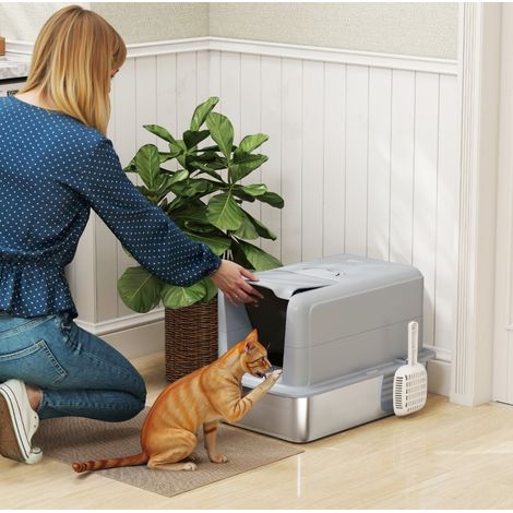 Lettiera per gatti in acciaio inox con filtro e paletta, 60,5 x 40,5 x 41,5 cm, grigio DESVIAE (1/5)