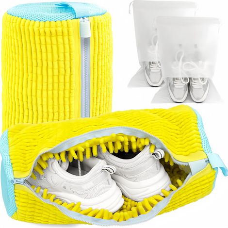 Zwei wiederverwendbare Schuhwaschbeutel für Waschmaschine und Trockner, geeignet für Sportschuhe, mit Mikrofaserfutter, gelb.