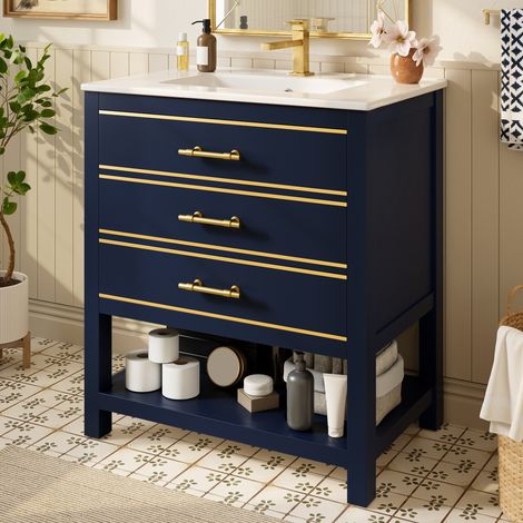 Meuble lave-mains MDF bleu noir 76 cm avec vasque en céramique, 2 tiroirs et niche ouverte (1/5)