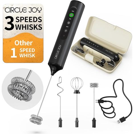Mousseur à lait Portable Rechargeable avec 3 Vitesses Variables, 3 Fouets et Boîte de Rangement, Mélangeur Électrique pour Cappuccino, Chocolat Chaud, œufs et Poudre de Protéines, Noir