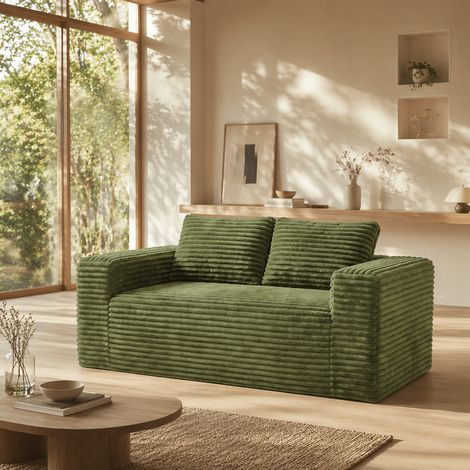 Canapé 2 places 160x88x58 cm vert, sans montage, assise profonde, en velours côtelé MEUBLIV (1/5)