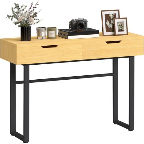 Console meuble 110 cm, table console étroite avec 2 tiroirs, cadre en métal et design sans poignées, bois naturel (1/5)
