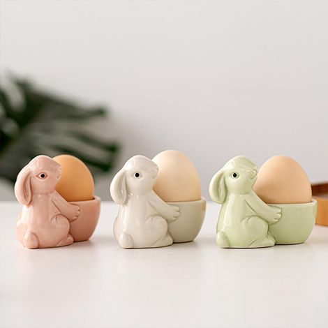 Ensemble de 3 Coquetier, Motif Lapin, Céramique, Pour Petit-déjeuner, Décoration Pâques (1/5)