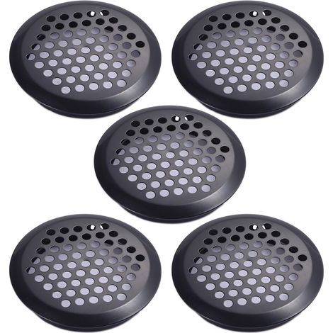 Lot de 5 grilles d'aération rondes en acier inoxydable, noires, pour cuisine, salle de bain et placards.