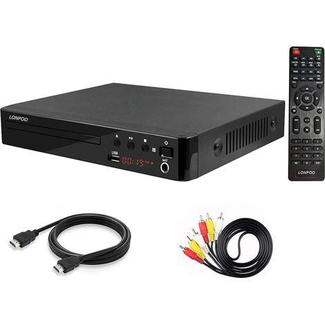 Lecteur DVD Compact, Multi-Régions 1/2/3/4/5/6, Port USB, Télécommande, Câble Audio RCA Connexion TV, Divx, Port HDMI, Port MIC (Noir) Lecture de DVD-RW, CD, CD-RW et USB, sécurité enfant, câble HDMI (1/5)