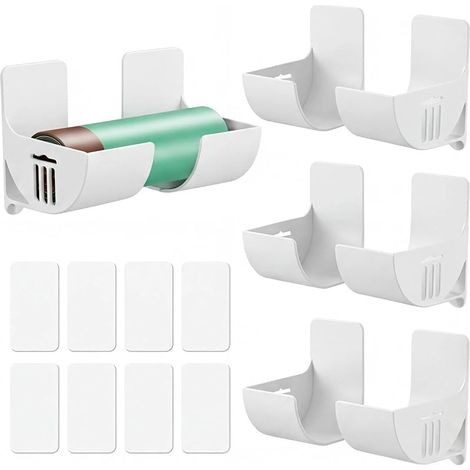 Lot de 4 Support Sac Poubelle Film Alimentaire Support Rangement Porte Adhésif étagère Murale Boîte Plastique Support Mural Distributeur Sac Poubelle pour Armoire Cuisine Bain (Blanc)