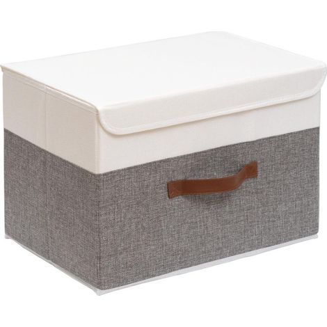 Faltbarer Aufbewahrungskorb, Würfelbox aus Stoff mit Deckel, waschbar, mit Ledergriff, für Zuhause und Kleiderschrank, weiß/grau, 33 x 23 x 20 cm, 1 Stück (1/4)