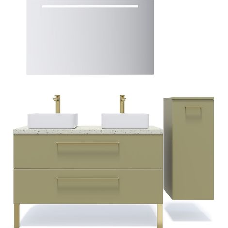 Meuble de salle de bain suspendu 2 vasques à poser 120cm 2 tiroirs Vert olive + miroir + colonne ouverture droite - Glasgow (1/5)