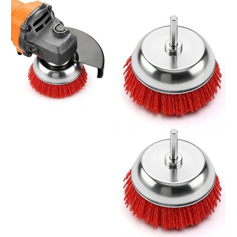 2 Pièces Brosse Nylon Perceuse, Rouge Brosses Nylon Circulaire, Boliforme Brosse pour Meuleuse D'angle Ø 100 mm, Brosses Fil Abrasif avec Tige Ø 6 mm, pour Enlever Bavures, Rouille, Peinture (1/5)
