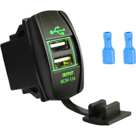 Chargeur USB Double 12-24V 3.1A pour Voiture Bateau Moto Universel Lumière Verte (1/5)