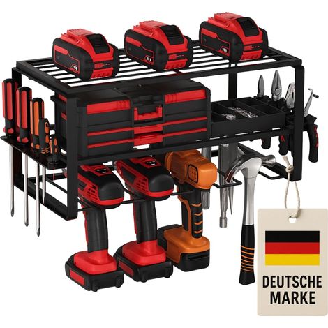 Support mural à 3 niveaux pour outils - Étagère murale pour ranger jusqu'à 4 outils électriques - Rangement d'outils pour garage, atelier, cave - Organiseur d'outils robuste en métal (1/5)