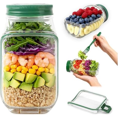 Saladier portable, résistant et doté d'une ouverture latérale et d'un compartiment à vinaigrette étanche. Idéal pour le déjeuner, la préparation des repas, les voyages et le bureau. (1/5)