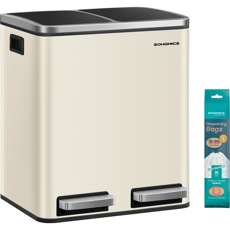 Poubelle Cuisine, 2 x 15 L, Poubelle Tri, avec Pédale, 2 Compartiments, 15 Sacs Poubelles, Seaux Intérieurs, Couvercles en Douceur, en Acier, Beige Sable et Noir d'Encre LTB030AB01 (1/5)