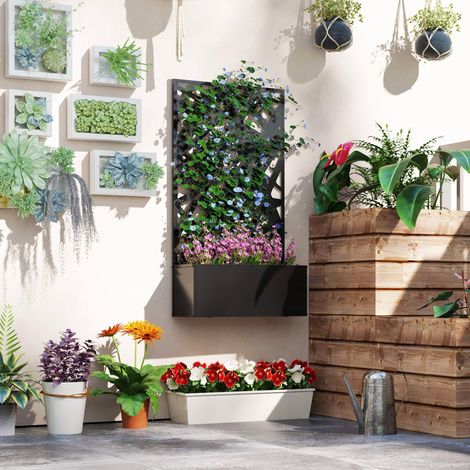 Macetero elevado con enrejado decorativo para plantas trepadoras en el suelo y la pared, 61x23x113 cm, negro.