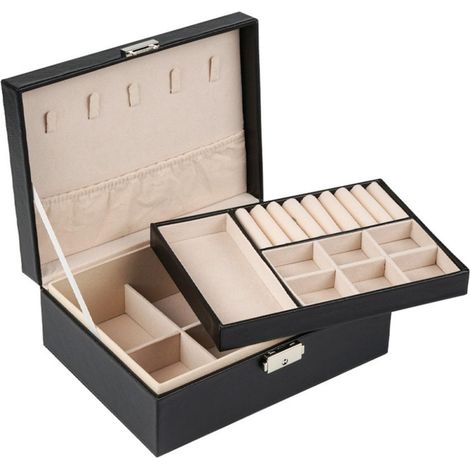 Boîte à bijoux à double compartiment -Détachable -Utilisé pour ranger les bijoux, bagues, boucles d'oreilles et bracelets. -noir (1/5)