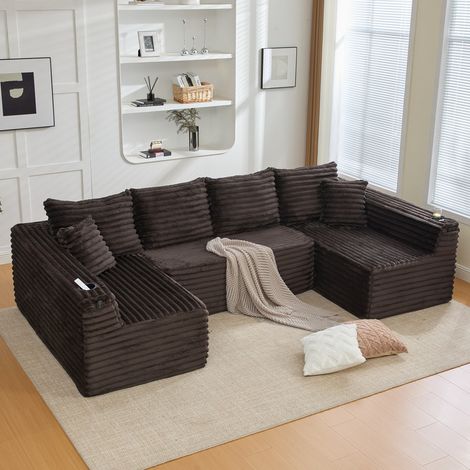 Canapé d'angle en U 320 cm,porte-gobelets,poches latérales,4 coussins de dossier,2 coussins décoratifs,canapé 6 places en velours côtelé,Marron