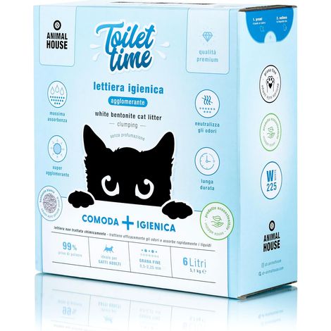 Toilet Time, 6L Litière de Bentonite Blanche pour Chats, Antistatique et sûre, Ultra Absorbante, Aggglomérante, Retient Les odeurs 5,1 kg (Blanc, 6L) (1/5)