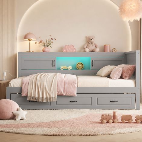 Sofá cama 90x200 cm gris con cama extraíble, luz ambiental LED, enchufe y USB, arcón de almacenamiento y estructura de tablero, ideal para espacios pequeños - CHICFURN (1/5)