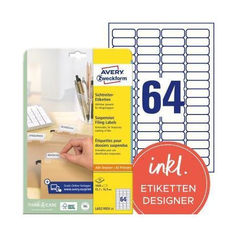 Étiquettes pour dossiers suspendus - AVERY Zweckform - Stick+Lift - 45,7 x 16,9 mm - 1 600 étiquettes - Blanc (1/4)